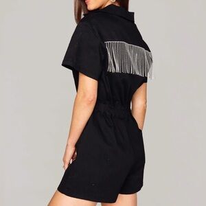 NWT Black Denim and Rhinestone Fringe Buddy Love Jessie Jumper Romper Size S